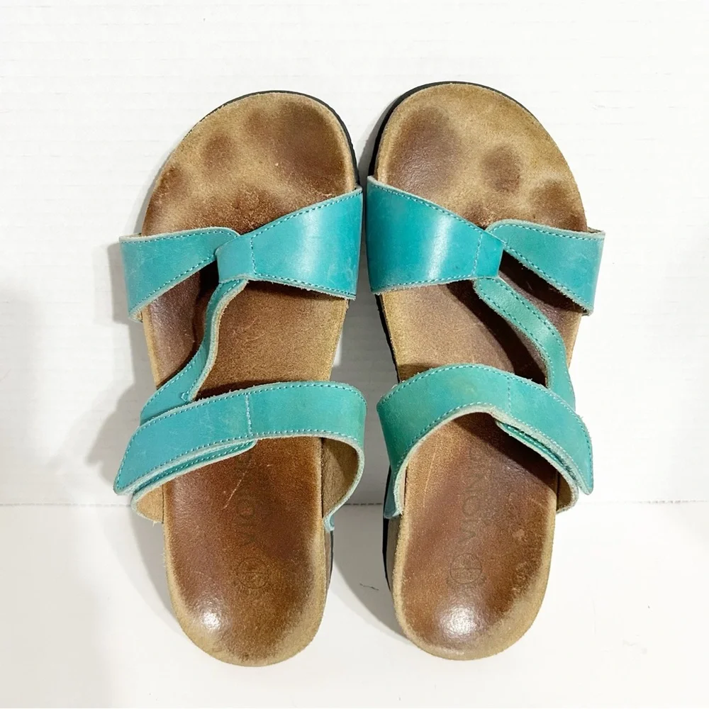 Vionic Teal Leather Pamplona Slide Sandals Cork Orthaheel Footbed Rubber Tread🩵